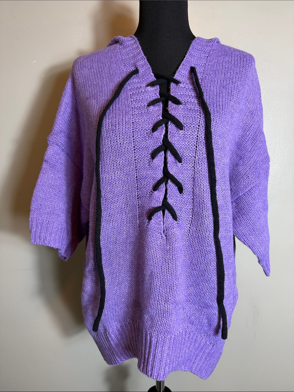 Purple Lace-Up Hooded Knit Sweater Relaxed Half Sleeve Lace-Up Front Closure XL